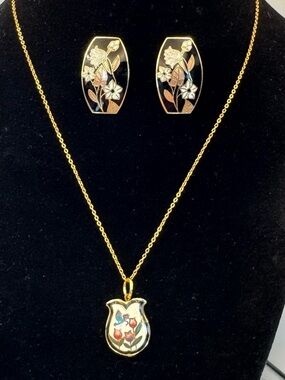 Cloisonné Puffy Pendant and Earrings Double Sided with Butterfly and Tulips